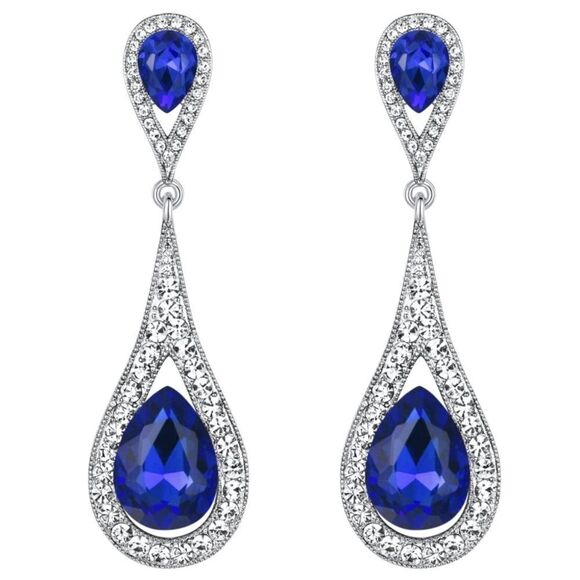Silver with Royal Blue and White Diamond Austrian Crystal Dual Teardrop Earrings